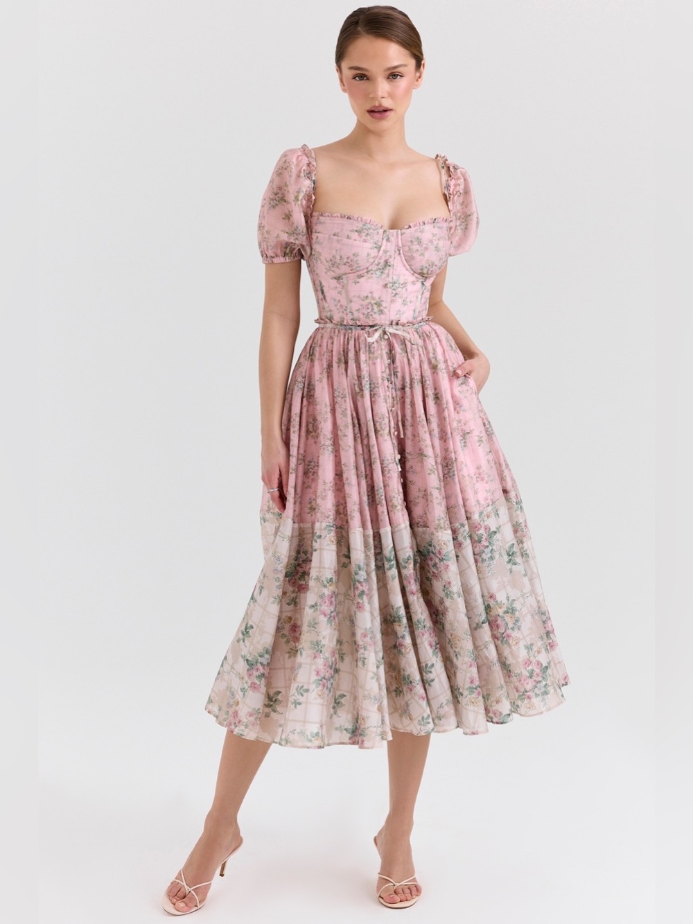 House of CB Penelope Pink Floral Chiffon Corset Midi Dress Size Medium (Cup A-C)